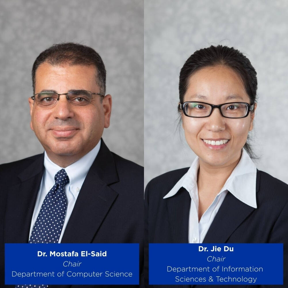 Side by side professional portraits show Dr. Mostafa El-Said to the left wearing a dark suit blazer, blue polka dotted  tie and a white official shirt. To the right is Dr. Jie Du wearing a dark blazer and a white shirt.
